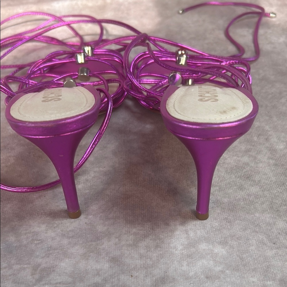 GUC Schutz Women's 7.5 Dark Metallic Pink Purple Strappy Heels Leather - Picture 5 of 9